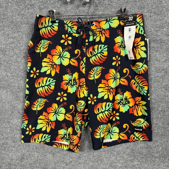Hurley Phantom Size 32 Eco Weekender Beach Board Shorts Trunks Black Botanical - Picture 1 of 7
